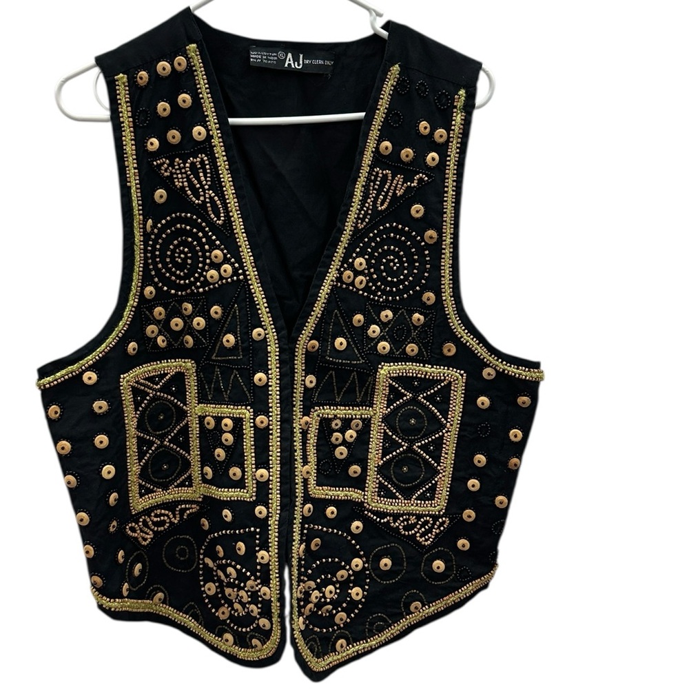 Vintage AJ Cotton Embellished Beaded Vest Black Boho Festival Western Womens XL